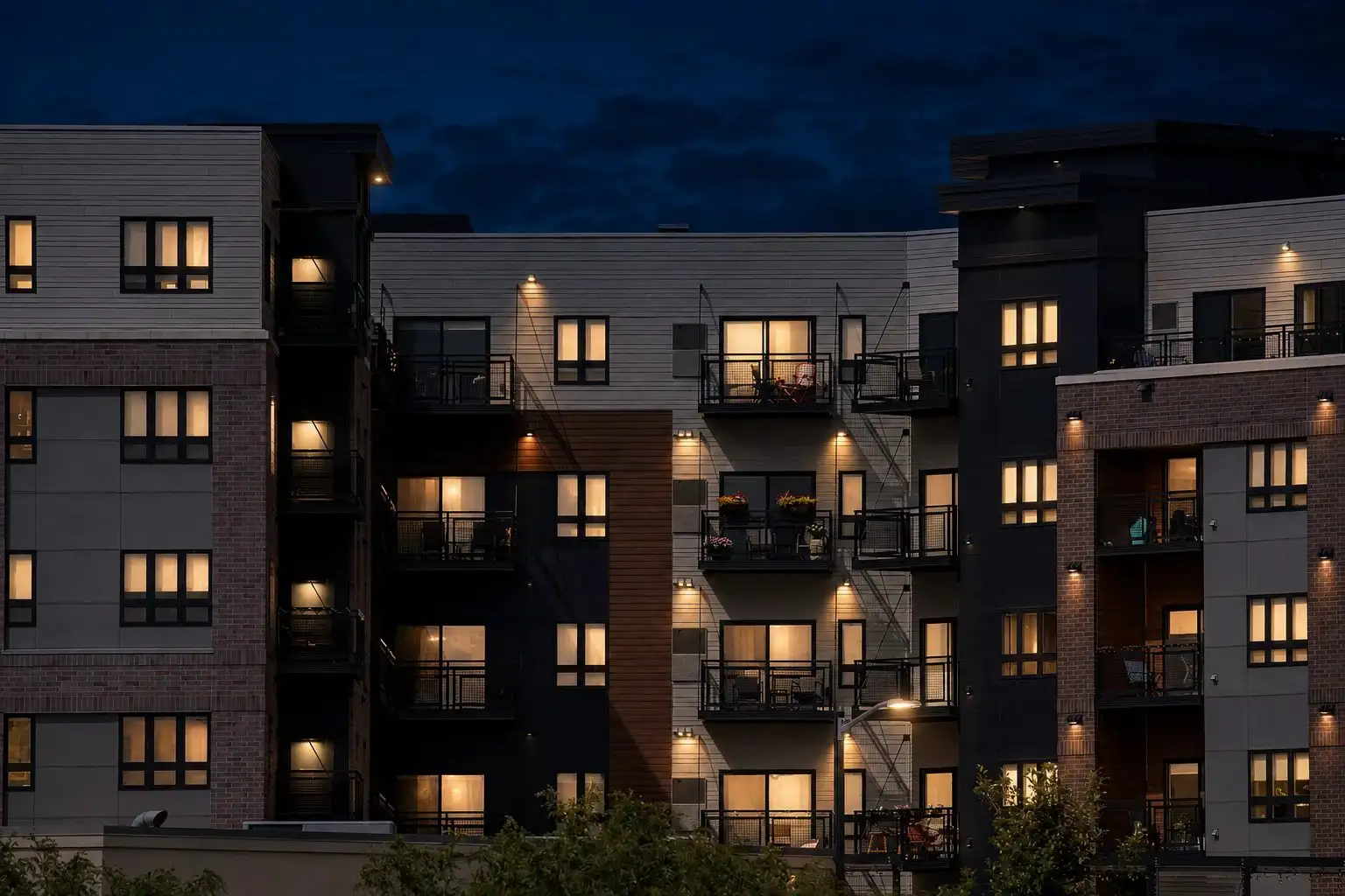 Purpose-built accommodation development at night